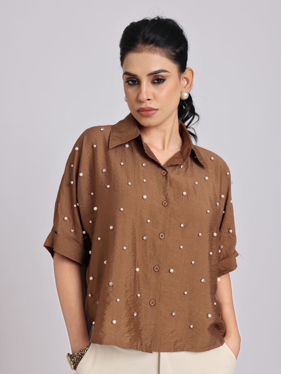 Cocoa Brown Pearl-Diamond Oversized Shirt