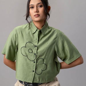 Sage Green Cropped Shirt with Floral Embroidery