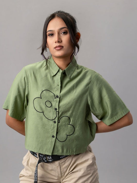 Sage Green Cropped Shirt with Floral Embroidery