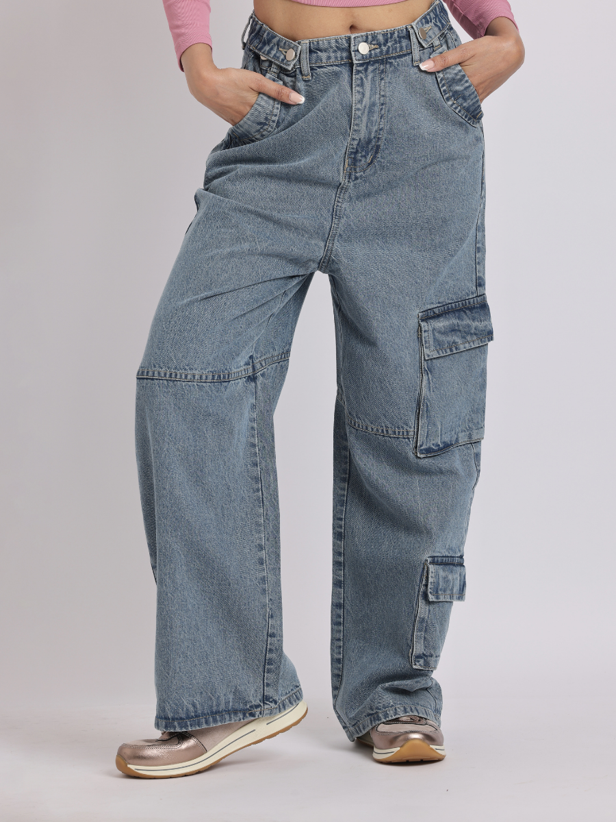 Blue Adjustable Waist Cargo Jeans for Women