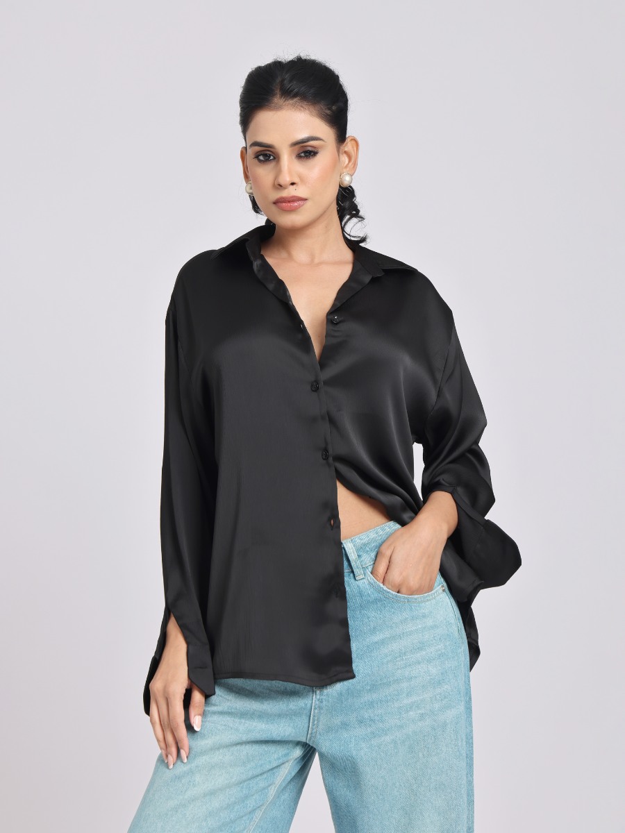 Premium Black Satin Long-Sleeve Shirt