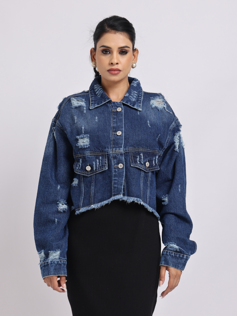 Blue Distressed Cropped Denim Jacket