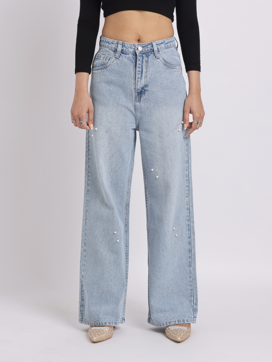 Light Blue Pearl Bow Straight-Fit Jeans