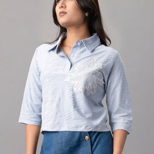 Sky Ripple Embroidered Collared Top