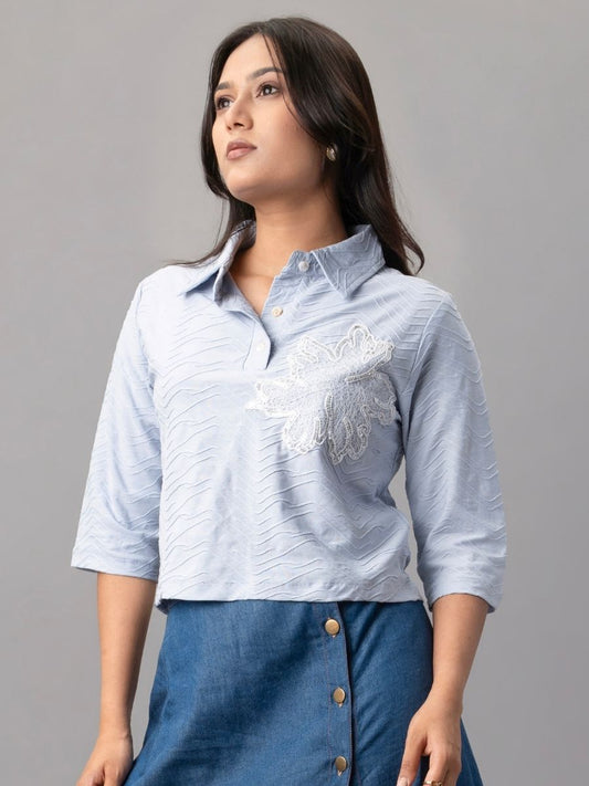 Sky Ripple Embroidered Collared Top