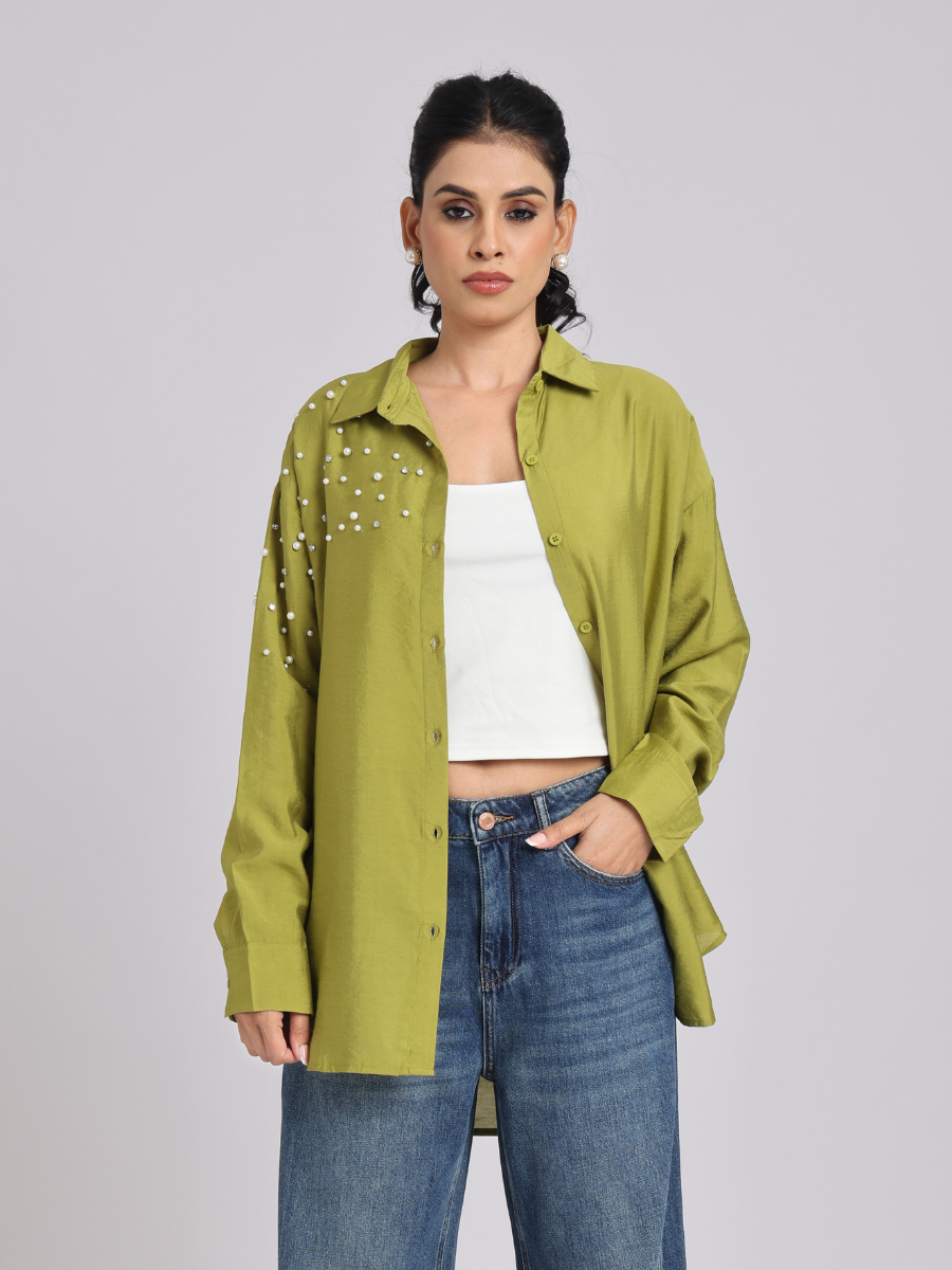 Olive Green Oversized Pearl & Diamond Embellished Shirt