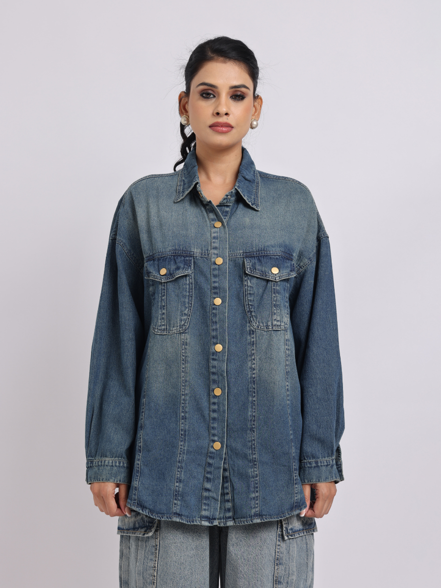 Mid Blue Oversized Denim Shirt with Dropped Shoulder