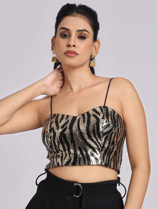 Gold Sequin Crop Top with Black Sheer Shirt