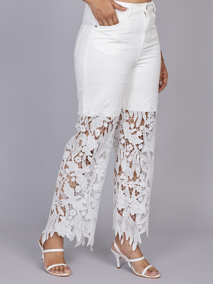 Floral Lace Applique Wide-Leg Jeans