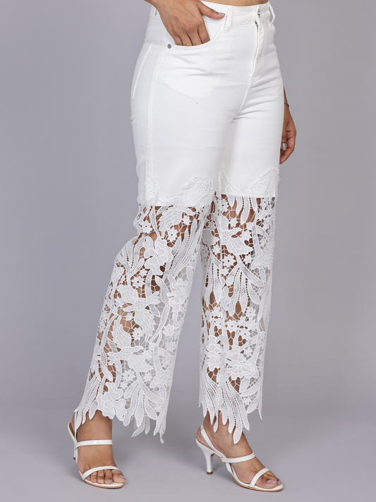 Floral Lace Applique Wide-Leg Jeans