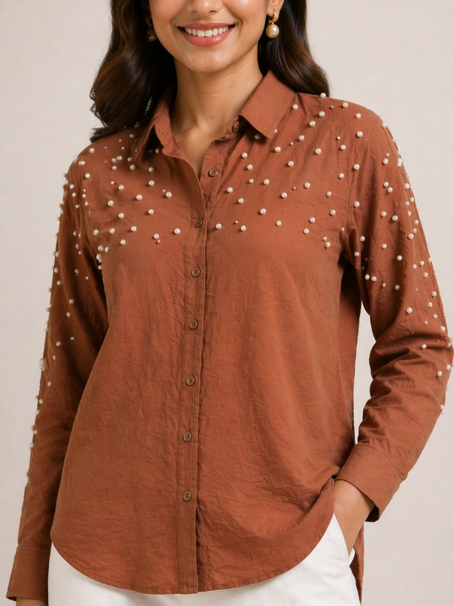 Brown Fit Pearl & Diamond-Embellished Shirt