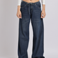 Dark Blue Drawstring Waist Wide-Leg Denim Jeans