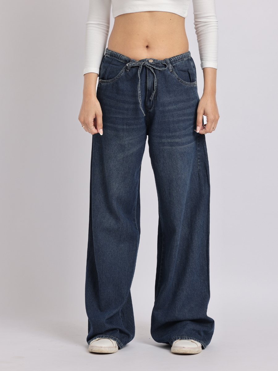 Dark Blue Drawstring Waist Wide-Leg Denim Jeans