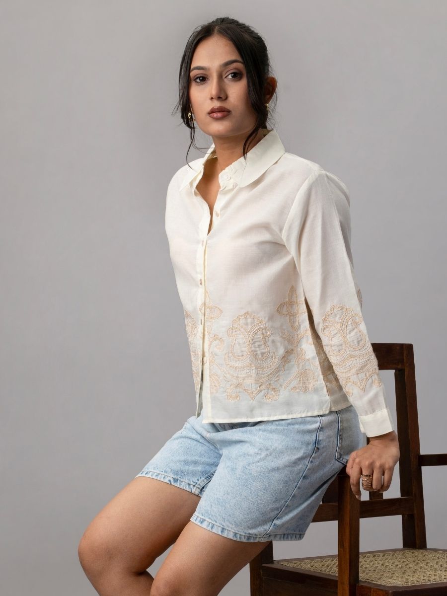 Embroidered Off-White Cotton Shirt