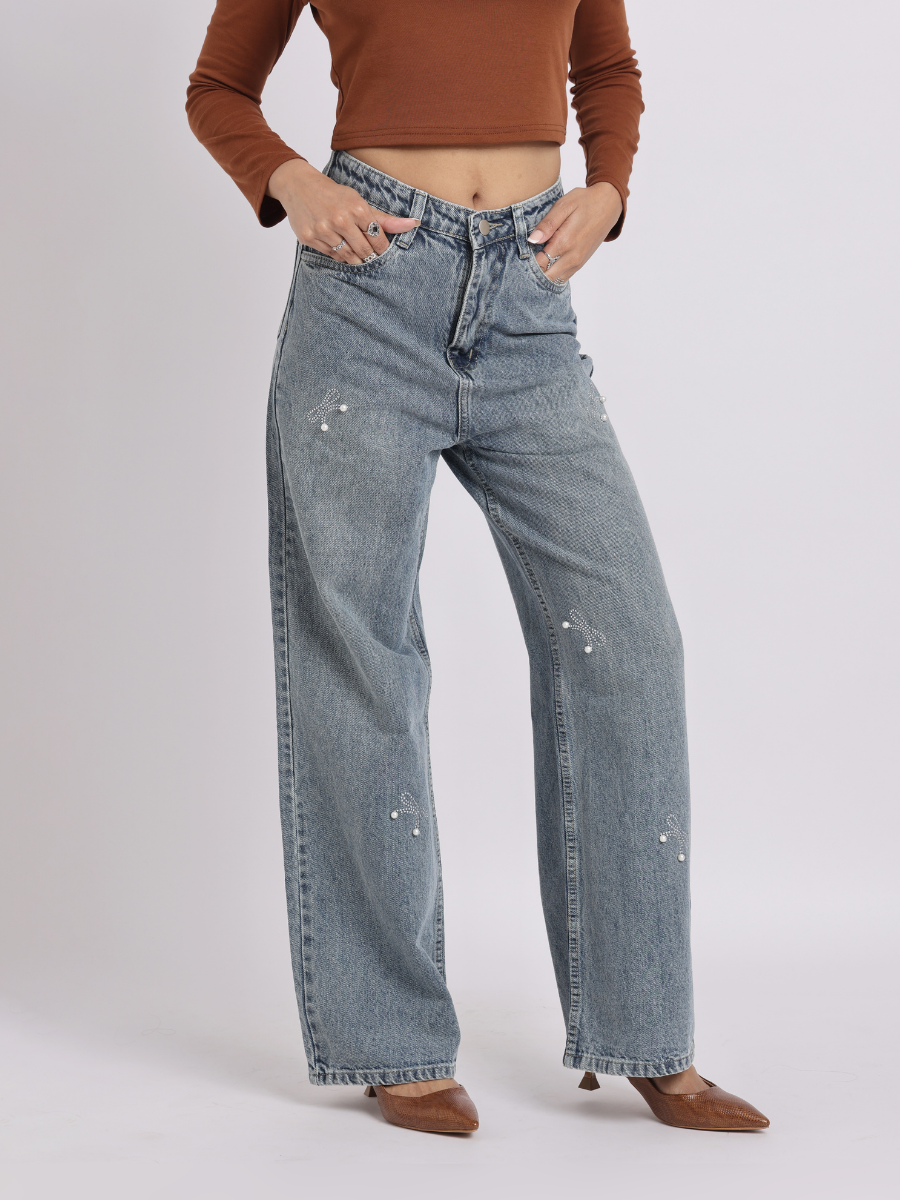 Vintage Blue Pearl Bow Straight-Fit Denim Jeans