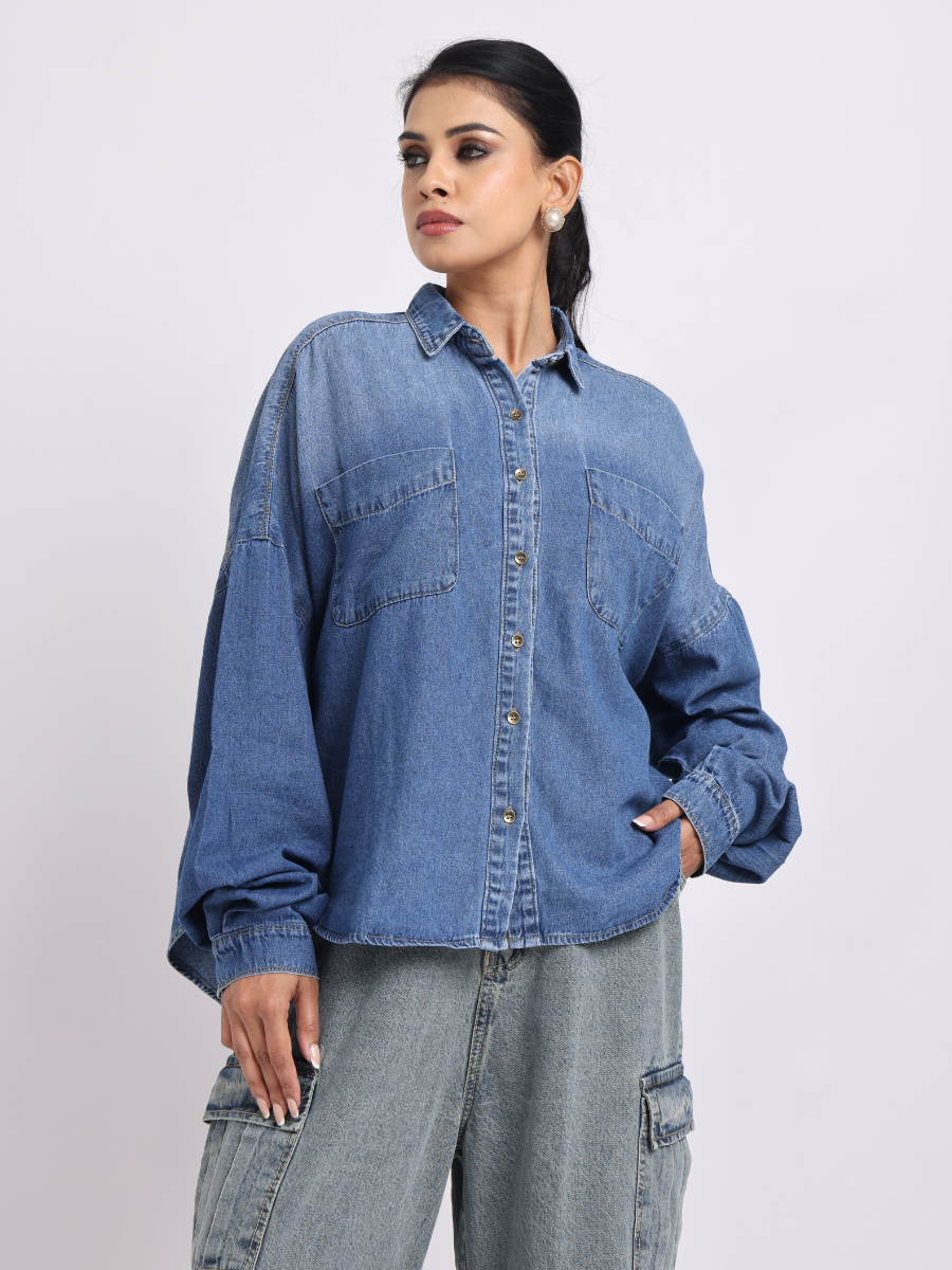 Oversized Blue Denim Shirt with Dropped Shoulder