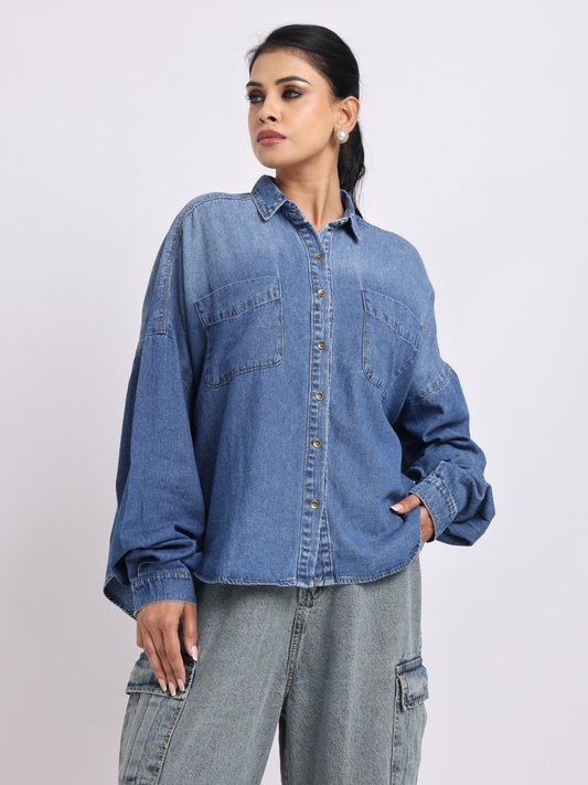 Oversized Blue Denim Shirt with Dropped Shoulder