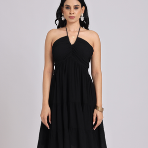 Black Halter-Neck Tiered Midi Dress
