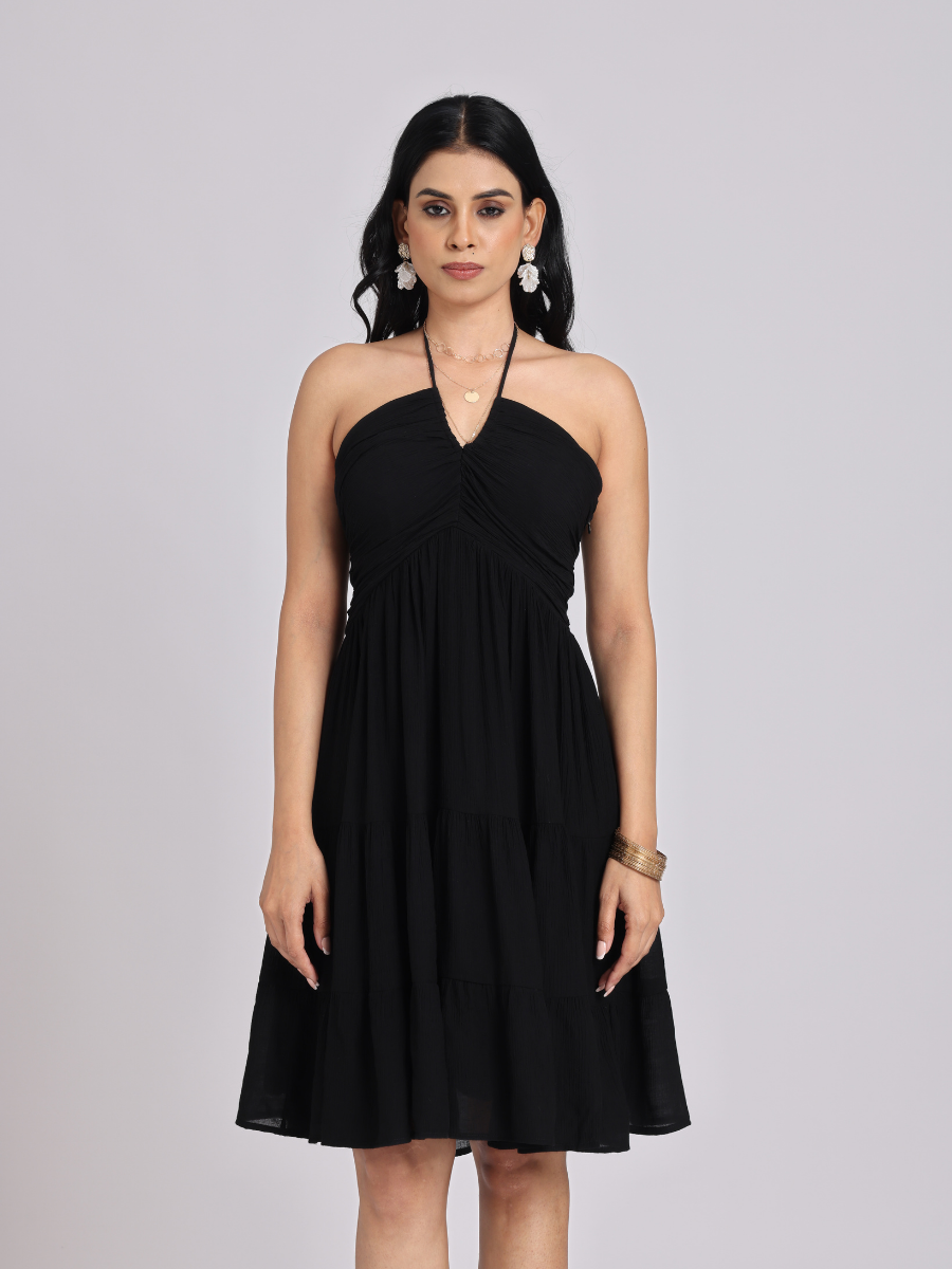 Black Halter-Neck Tiered Midi Dress