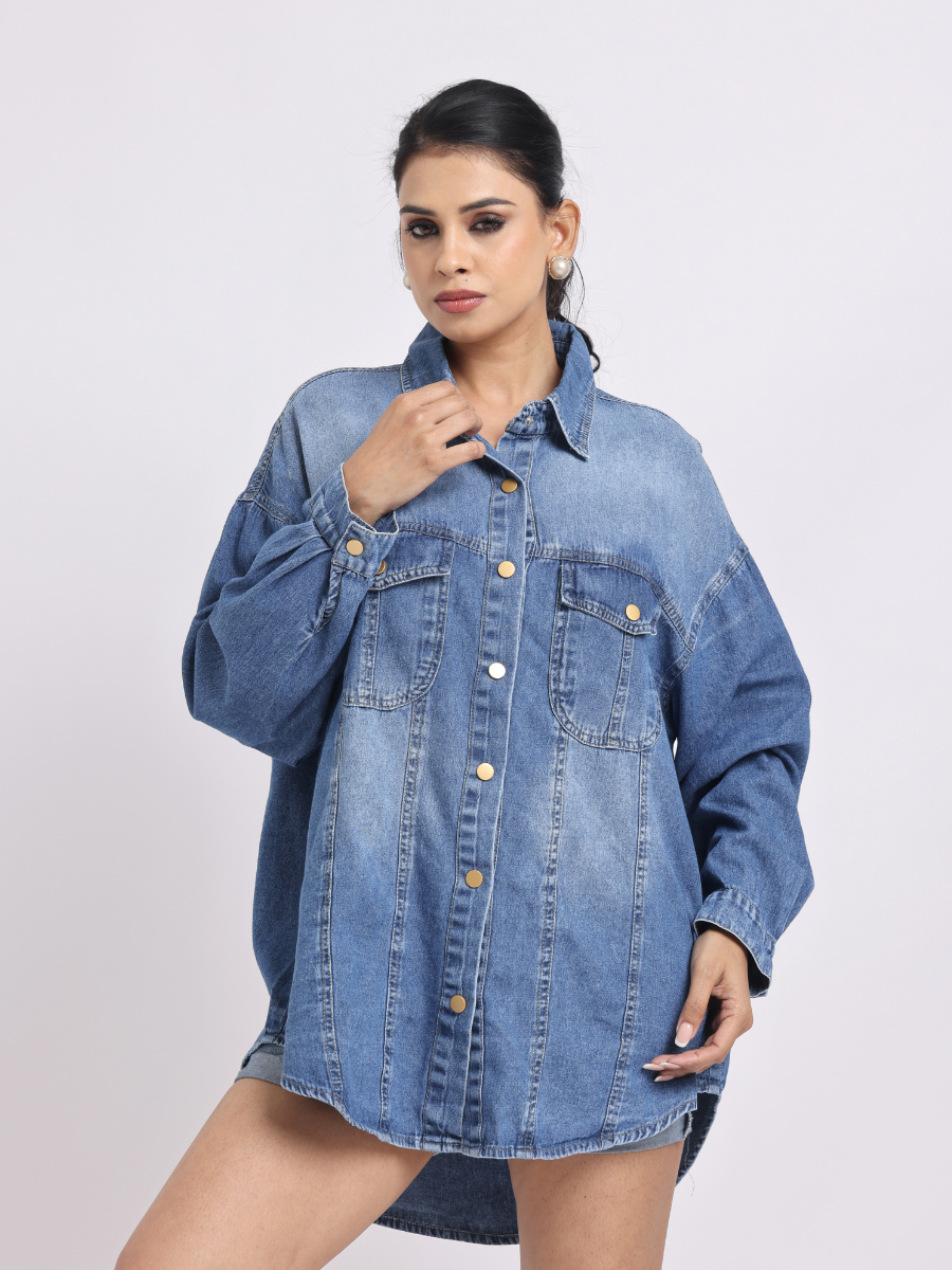 Light Blue Oversized Denim Shirt with Dropped Shoulder