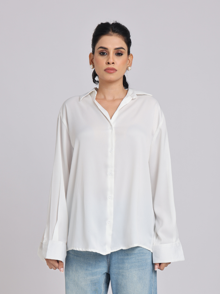 Elegant White Satin Collared Shirt