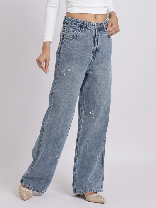 Vintage Light Blue Pearl Bow Straight-Fit Denim Jeans