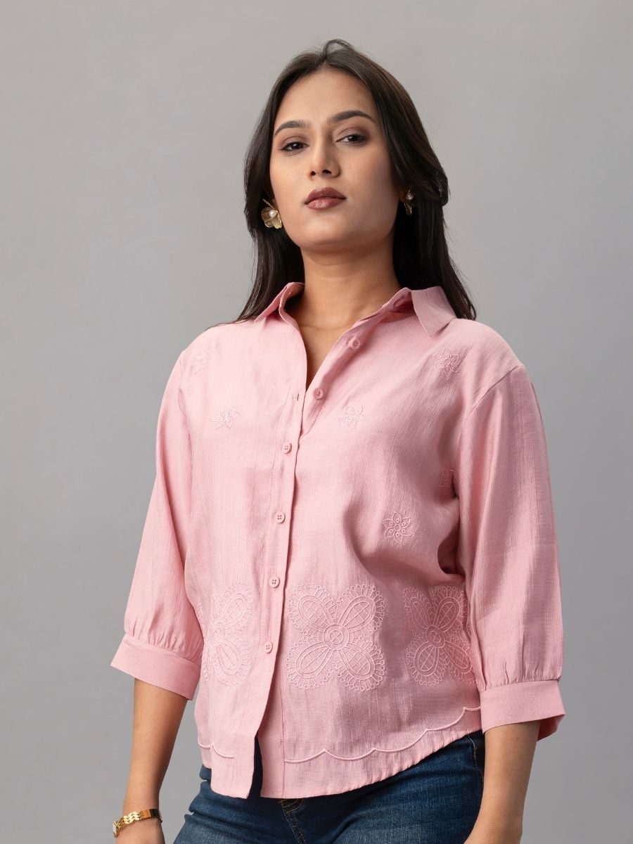 Blush Pink Scallop Hem Embroidered Shirt