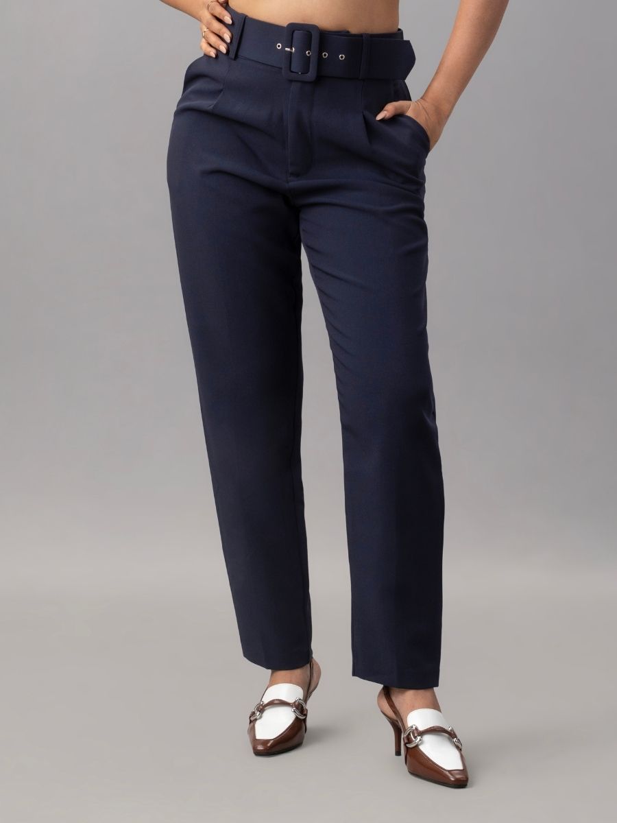 Navy High Waist Tapered Trousers with Belt