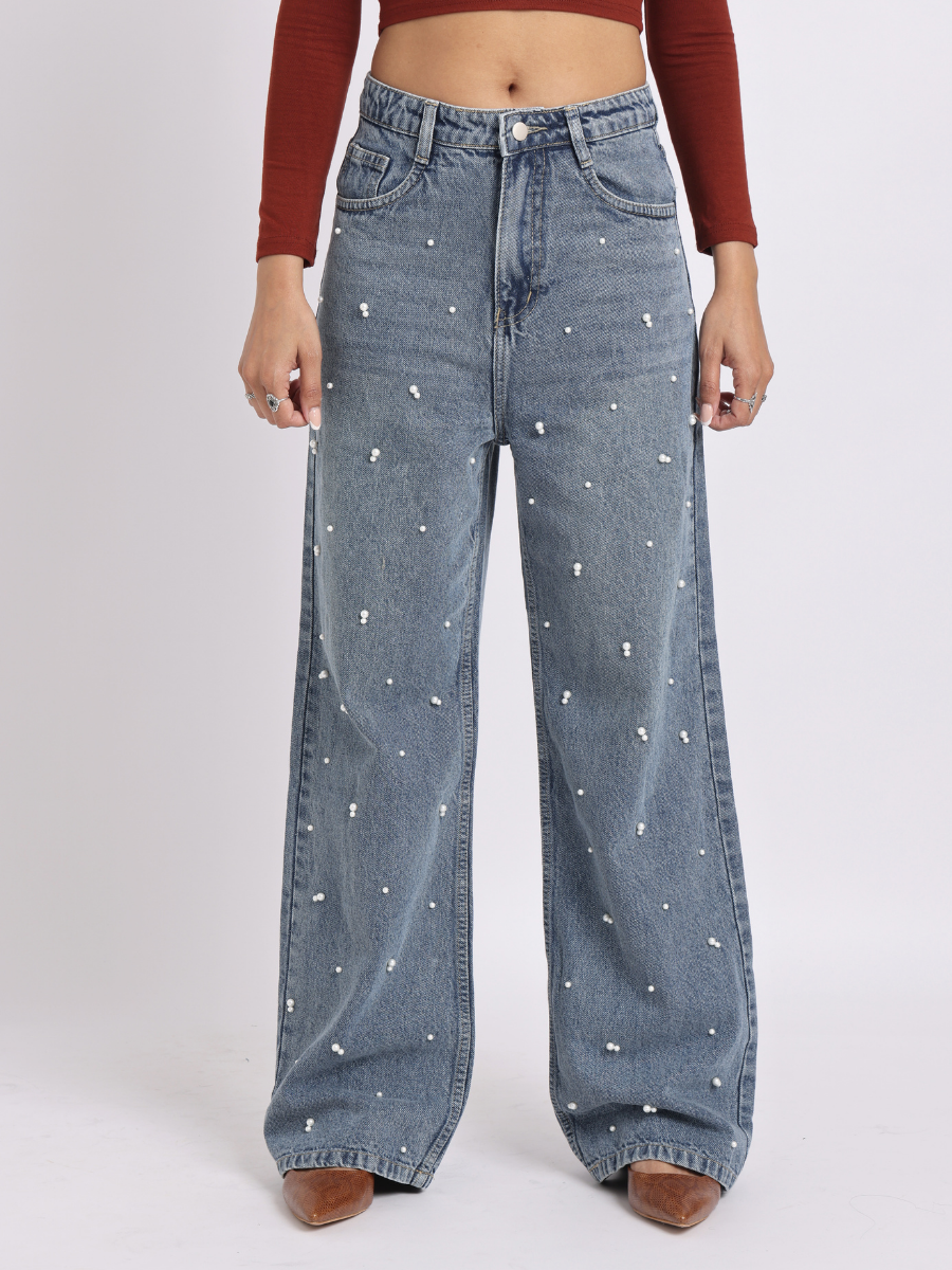 Mid-Rise Pearl-Studded Blue Denim Jeans