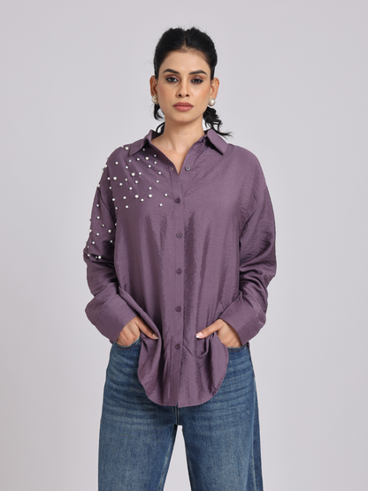 Purple Oversized Pearl & Diamond Embellished Shirt