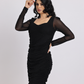 Noir Shimmer Ruched Mesh Sleeve Dress