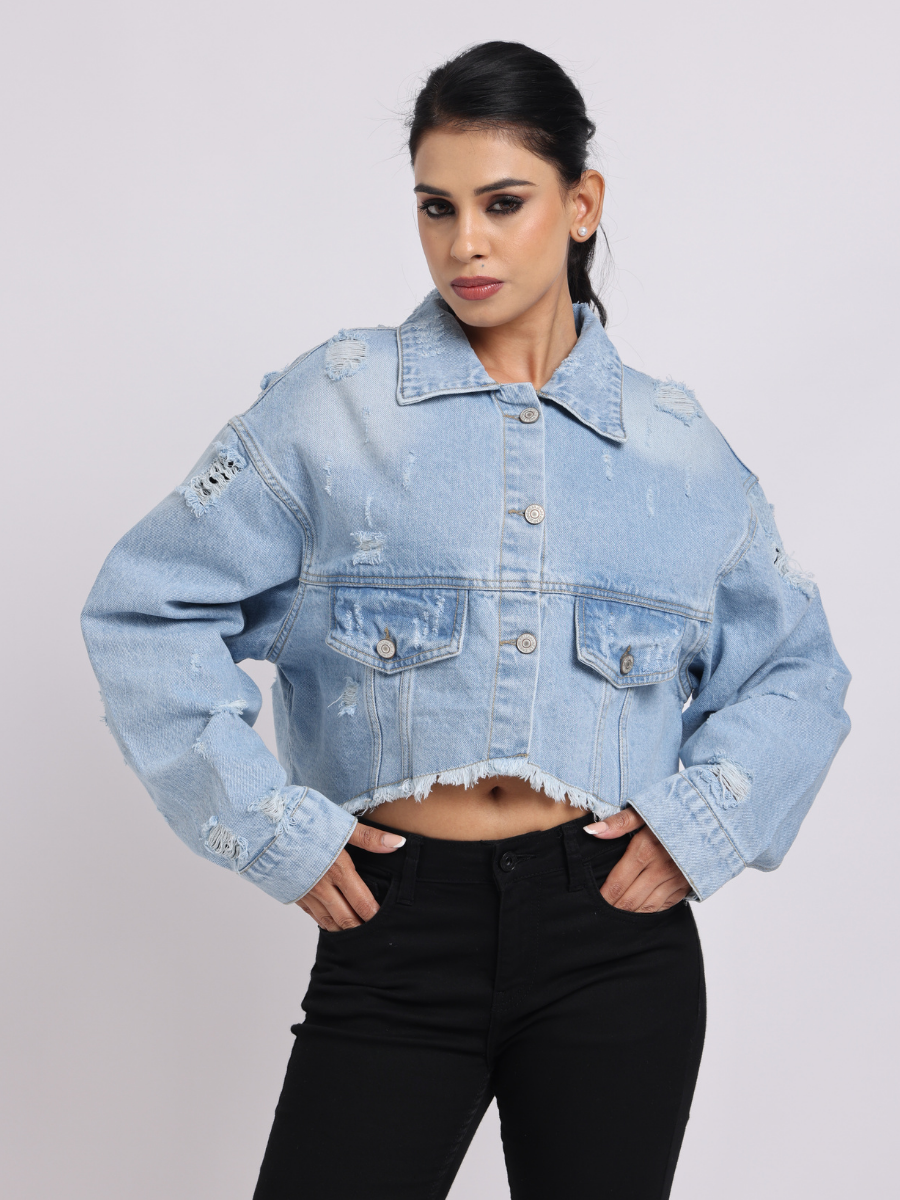 Light Blue Distressed Cropped Denim Jacket