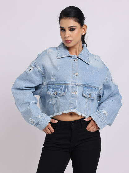 Light Blue Distressed Cropped Denim Jacket