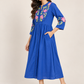 Blue Embroidered Cotton A-Line Midi Dress