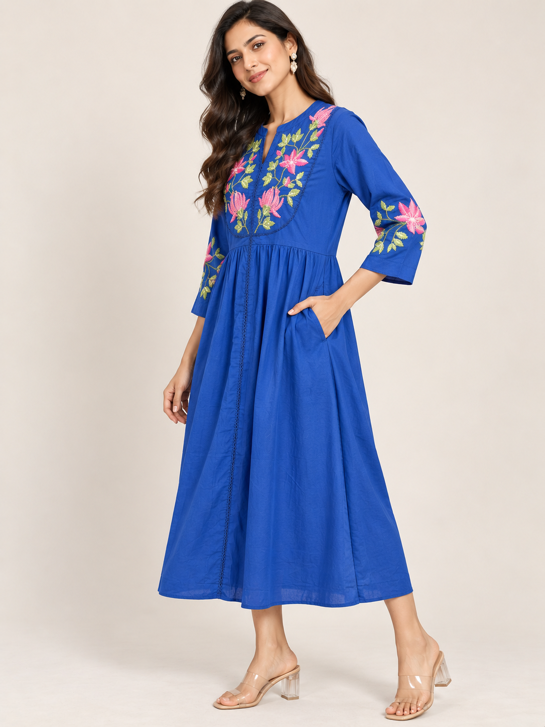 Blue Embroidered Cotton A-Line Midi Dress