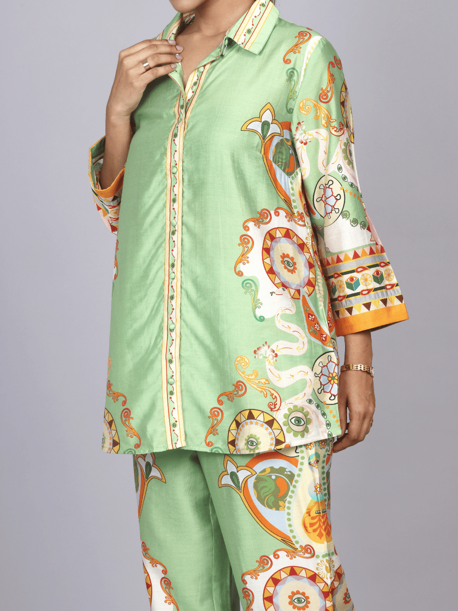 Elegant Green Silk Co-Ord Set with Floral Print