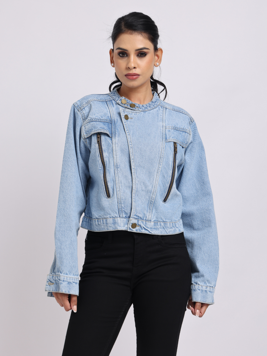 Light Blue Cropped Denim Jacket with Zip Detail
