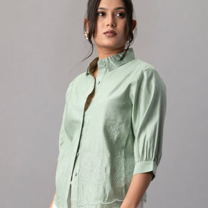 Sage Green Scallop Hem Embroidered Shirt
