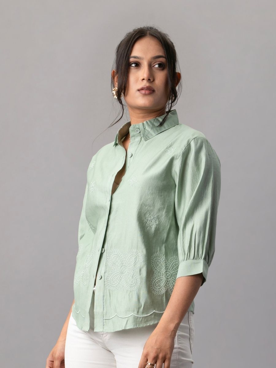 Sage Green Scallop Hem Embroidered Shirt