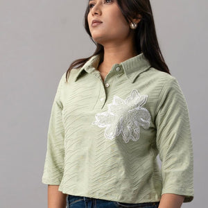 Olive Mist Textured Floral Polo Top