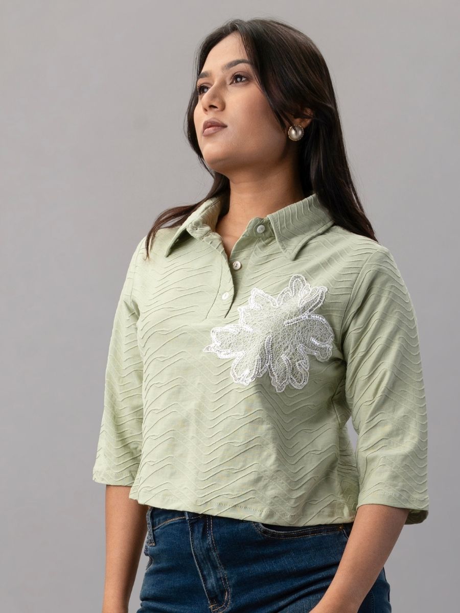 Olive Mist Textured Floral Polo Top