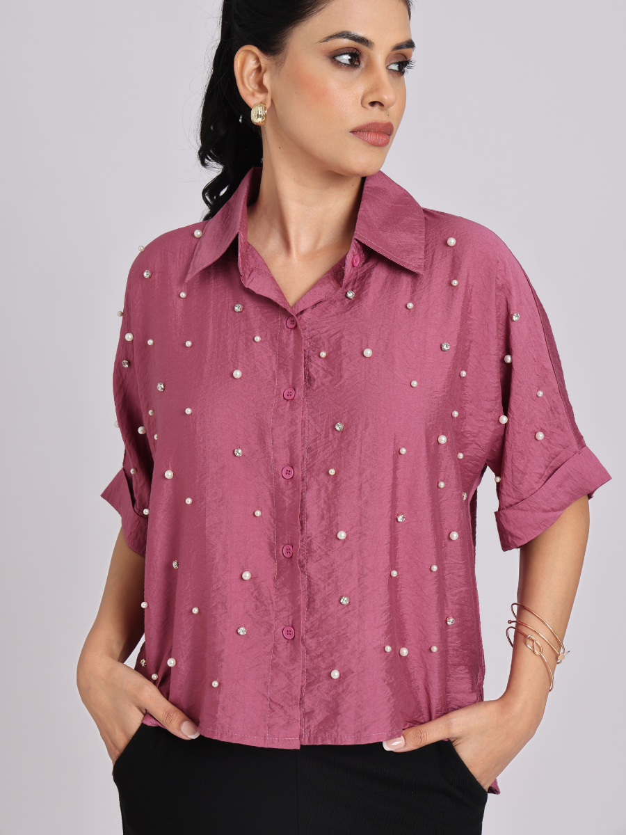 Rosy Pink Pearl-Diamond Oversized Shirt