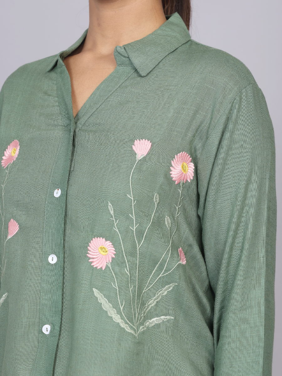Sage Green Blossom Embroidered Cotton Shirt