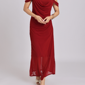 Maroon Red Draped Cold-Shoulder Maxi Dress