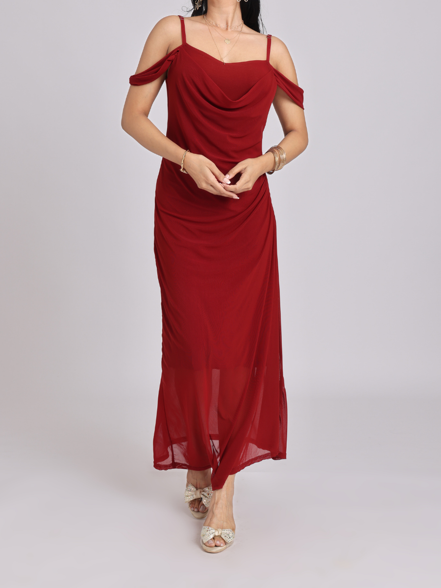 Maroon Red Draped Cold-Shoulder Maxi Dress