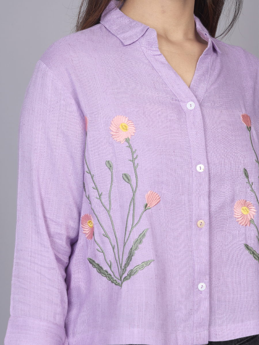 Lavender Blossom Embroidered Cotton Shirt