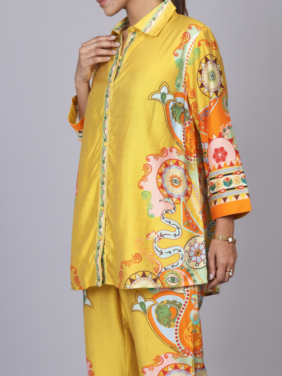 Yellow Silk Co-Ord Set with Floral Print