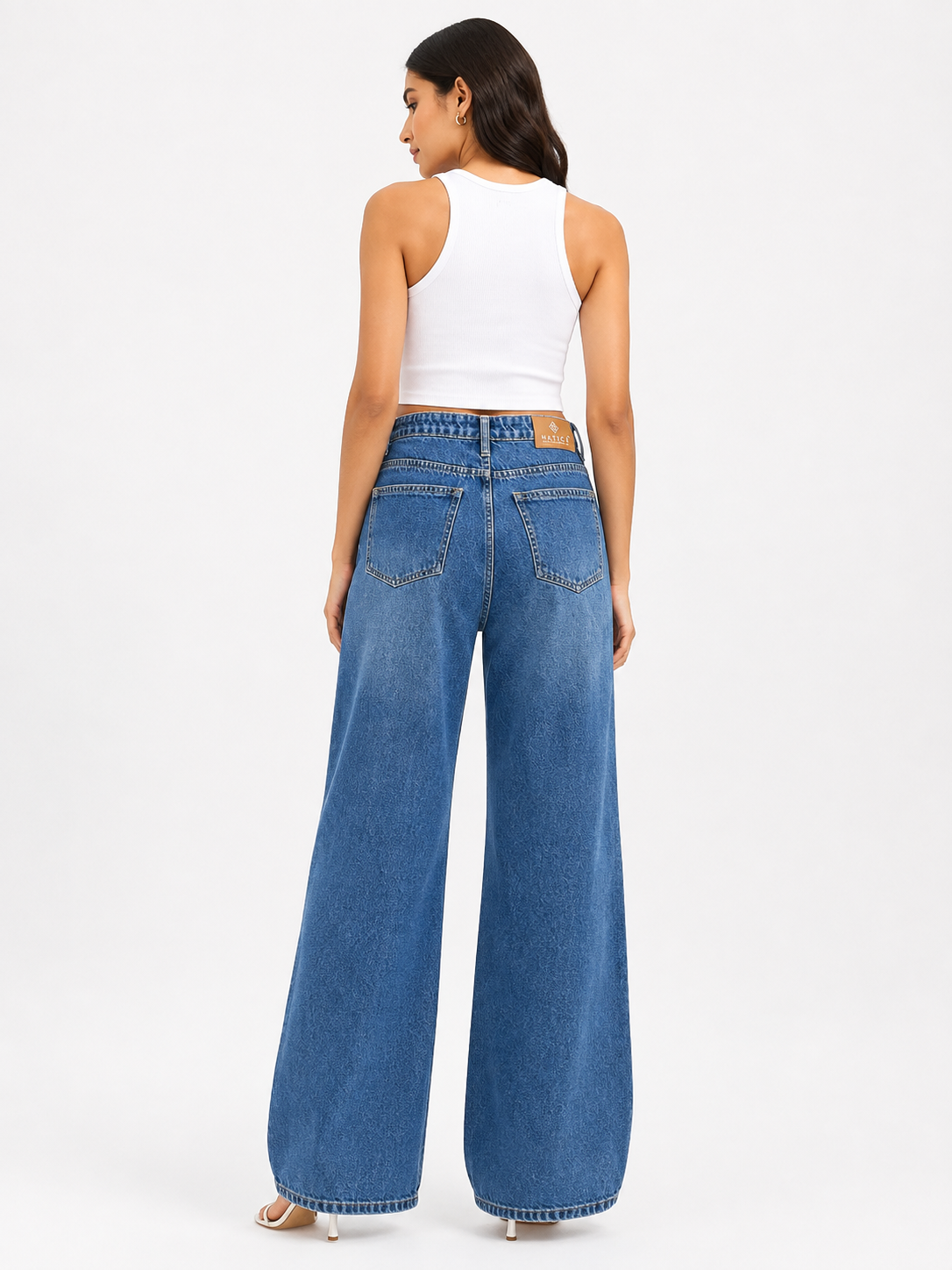Blue Rhinestone Embellished High Waist Wide Leg Jeans