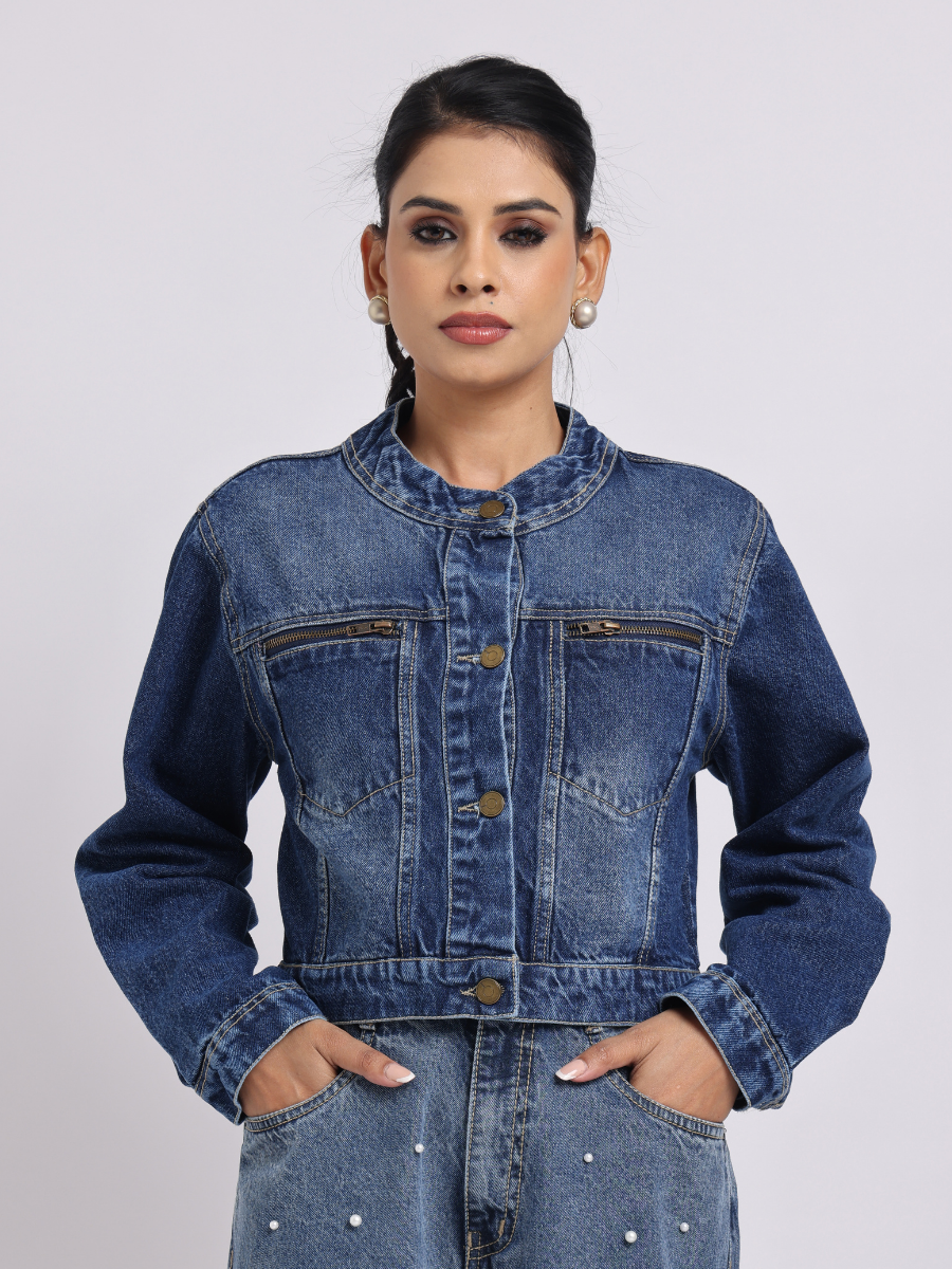Blue Denim Jacket | Cropped Fit with Front Zipper Detail