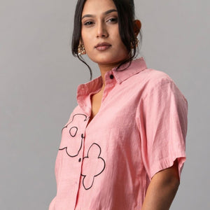 Pink Cropped Shirt with Black Floral Outline Embroidery